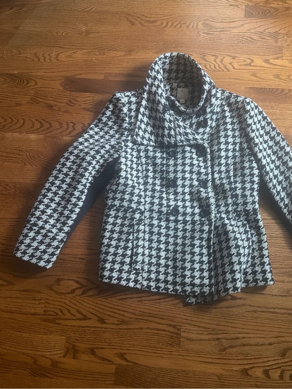 Women's Black and White Houndstooth Peacoat - Tailored Double-Breasted Jacket
